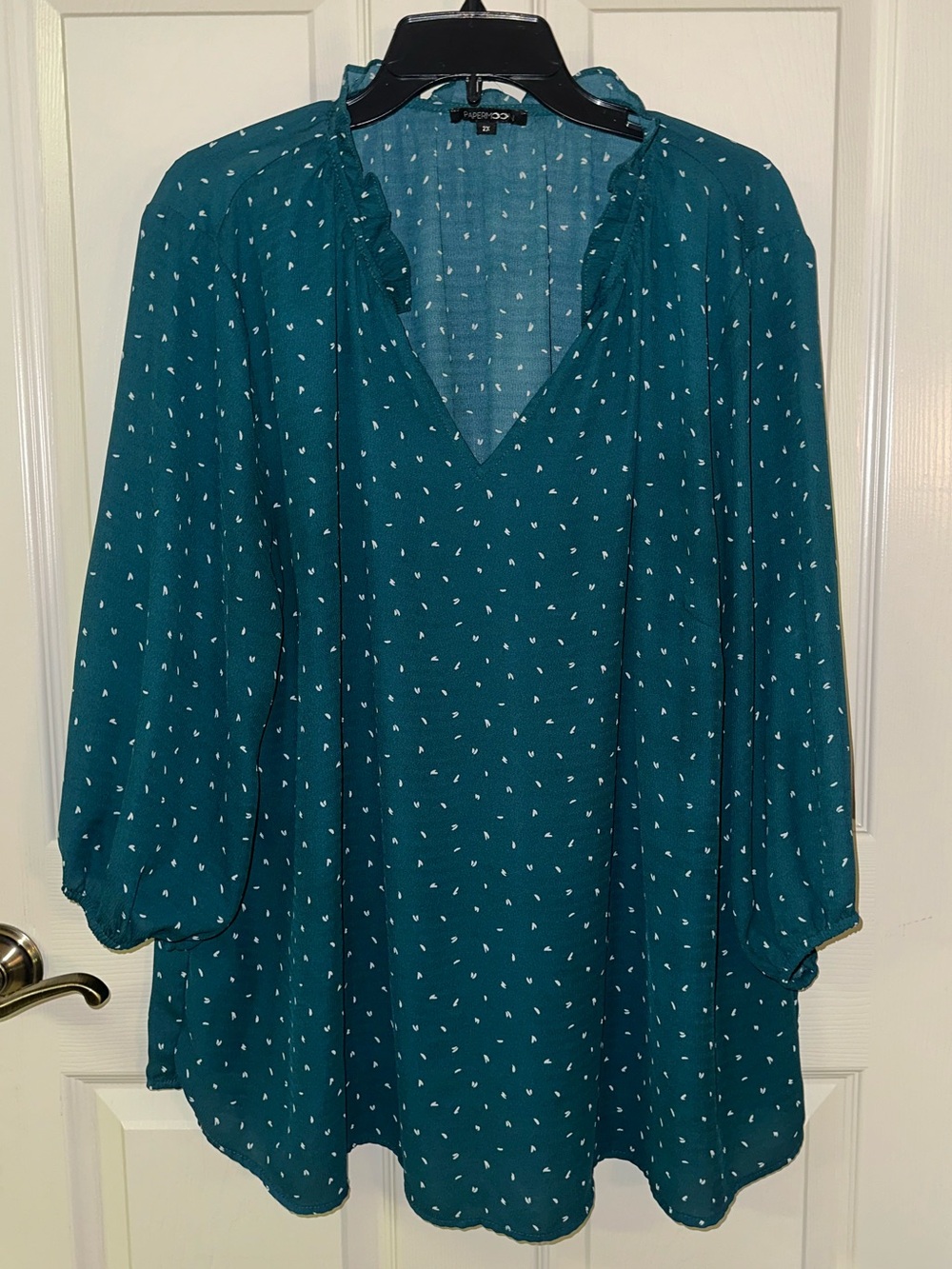 Papermoon Teal V-Neck Ruffle Trim Blouse with White Dot Print